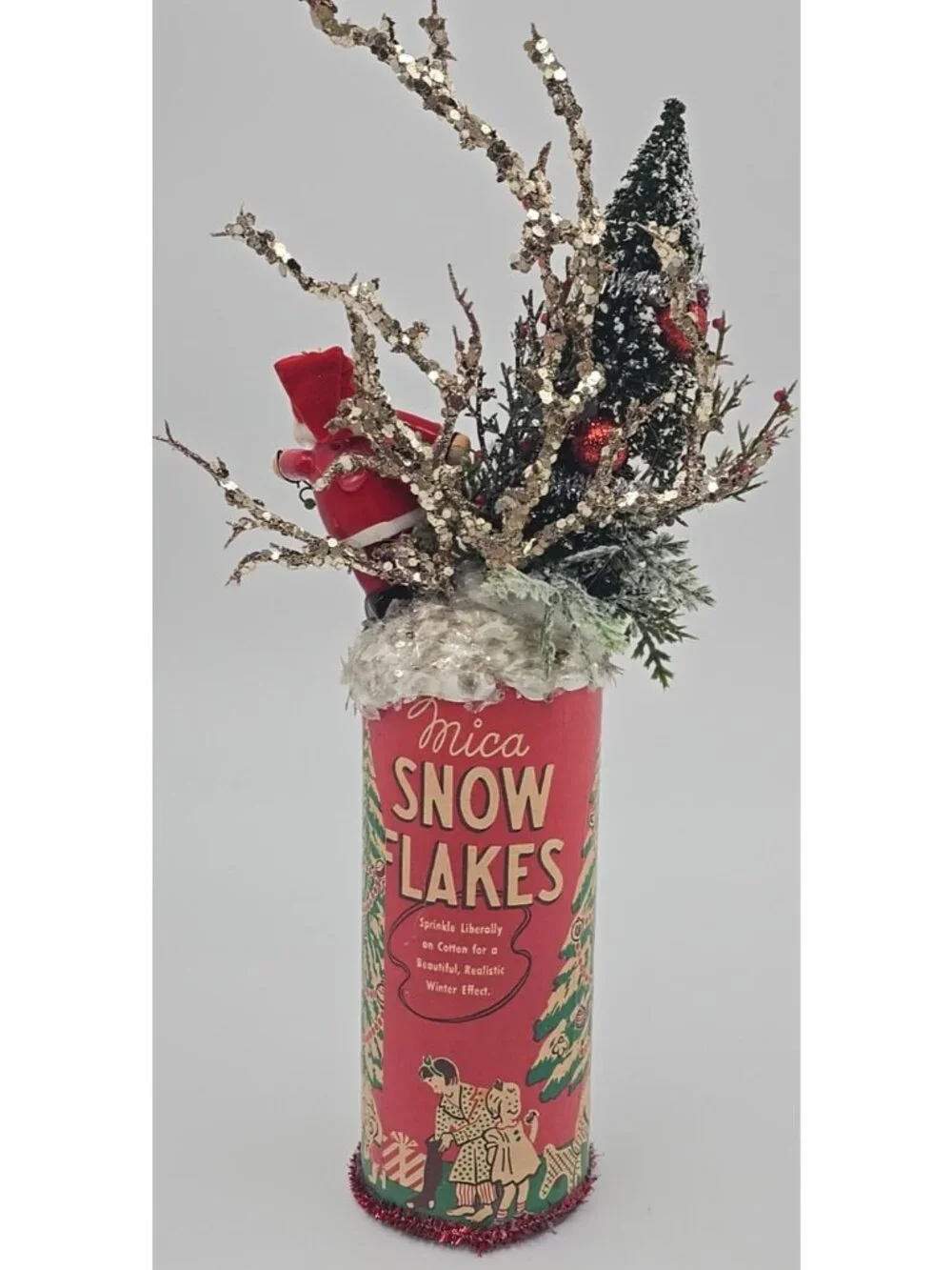 OOAK Christmas Assemblage Art Vtg Kitschy Bottle Brush Tree Wooden Santa Mica